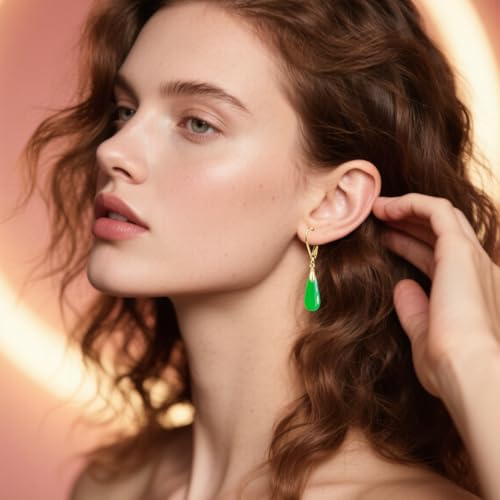 Natural Waterdrop Stone Drop Earrings,Yellow Gold Plated Real Genuine Teardrop Crystal Quartz Gemstone Dangle Earrings for Women Her - color: B02_Emerald
