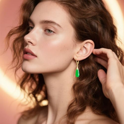 Natural Waterdrop Stone Drop Earrings,Yellow Gold Plated Real Genuine Teardrop Crystal Quartz Gemstone Dangle Earrings for Women Her - color: B02_Emerald