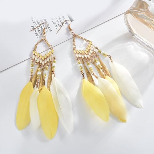 Faux Feather Fringe Tassel Long Dangle Earrings for Women | Bohemian Women Tassel Drop Jewelry - color: yellow