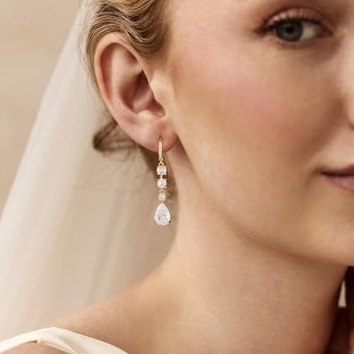 Dangle Earrings for Women Trendy, 14K Gold Plated CZ Huggie Drop Earrings, Dainty Long Chain Prom Wedding Jewelry Gift for Her - style: Teardrop CZ