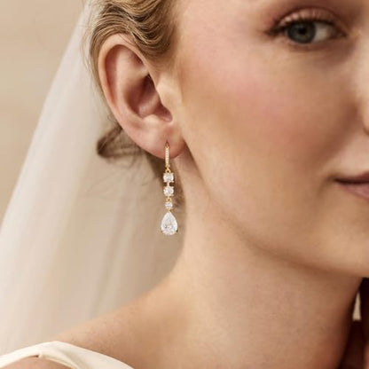Dangle Earrings for Women Trendy, 14K Gold Plated CZ Huggie Drop Earrings, Dainty Long Chain Prom Wedding Jewelry Gift for Her - style: Teardrop CZ