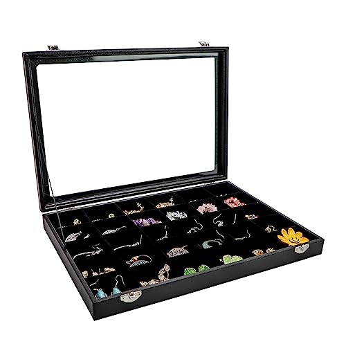 Wudygirl Earring Organizer Leather Jewelry Tray with Lid 13.7"x9.4" Black | 30 Grid Jewelry Organizer with Velvet Liner, Ideal for Jewelry Storage, Dresser Drawer or Gift, Dustproof Design - style: 30 Grid Tray