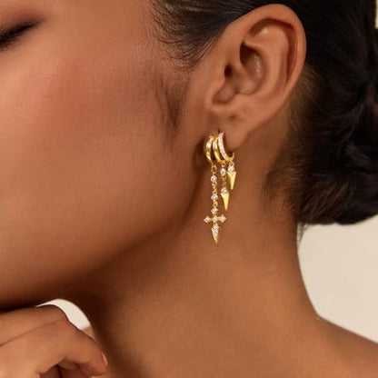 Cicy Bell Gold Earrings For Women 18k Gold Plated Triple Dangle Earrings | Hypoallergenic Drop Huggie Earrings Small Hoop Statement Chain Tassel Earrings Trendy Jewelry Gifts - color: Style B-Gold