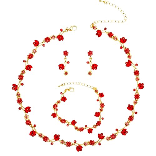 Elegant Brides Austrian Crystal Flower Choker Necklace Drop Dangle Earring Bracelet Wedding Jewelry Set for Bridesmaid Prom Costume Jewelry Set for Women - color: Siam-Gold Plated