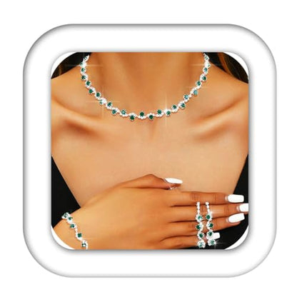 Aukmla Bridal Wedding Jewelry Set Silver Rhinestones Choker Necklaces Earrings Bracelet Sets Prom Jewelry for Women and Brides - color: Green