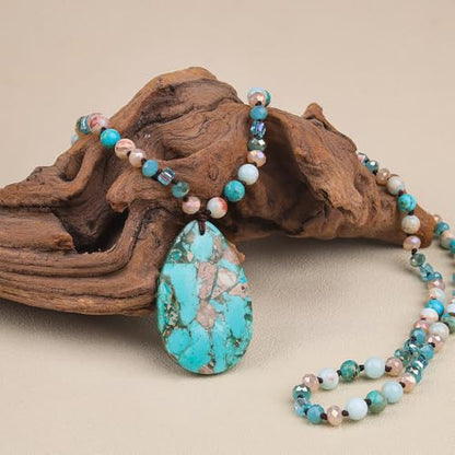 Long Necklaces for Women Boho, Oval Waterdrop Turquoise Pendant, Natural Stone Beaded, Handmade,Vintage & Elegance, Boho Fashion Charm Beaded Necklace for Women - style: B-Turquoise Pendant