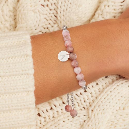 Ritach Initial Bracelets for Girls Kids - Pink Zebra Natural Stone Disc/Heart Initial Bracelet Adjustable Gold/Silver Beaded Bracelets for Girls Kids Teen Girl Jewelry Birthday Gifts - color: J-Silver