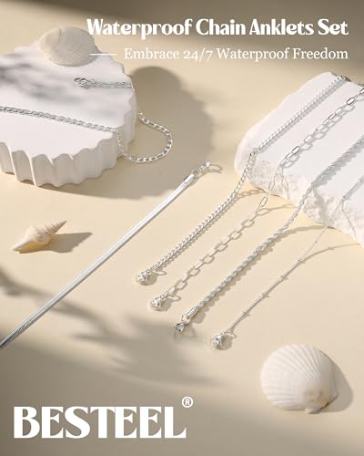 Besteel Ankle Bracelets for Women Waterproof 14K Gold Plated Anklets Set | Non Tarnish Stainless Steel, Plus Size Adjustable 8-12 Inch, Hypoallergenic Layered Cuban Link Chain Summer Foot Jewelry Gift - style: 6 Pcs Silver Cuban-8.5+2.5 Inch