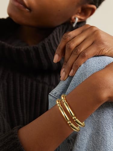 Gold Chunky Bangles Bracelets For Women 14k Gold Plated Stack Layered Curved Bamboo Tube Stretch Bracelets Gift Jewelry - color: 2pcs Gold-8mm