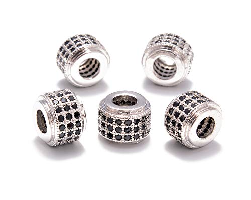 AD Beads Zircon Pave Rhinestones Big Hole Rondelle Spacer Beads 6x7mm 5Pcs Black on Silver - color: 5 Pcs Black on Silver 3 Row Rondelle (6x7mm)