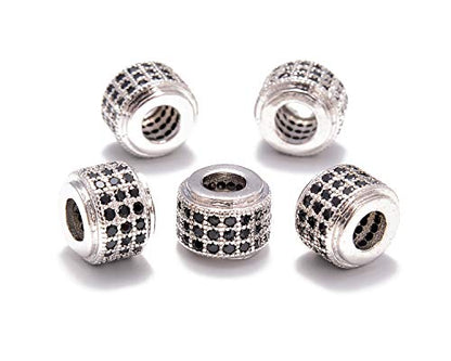 AD Beads Zircon Pave Rhinestones Big Hole Rondelle Spacer Beads 6x7mm 5Pcs Black on Silver - color: 5 Pcs Black on Silver 3 Row Rondelle (6x7mm)