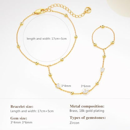 Cicy Bell Hand Chain Bracelets for Women 18K Gold Plated | Layered Stackable Dainty Ring Bracelets, Adjustable Satellite Bead Dot Link Finger Bracelets - color: Style E-Gold