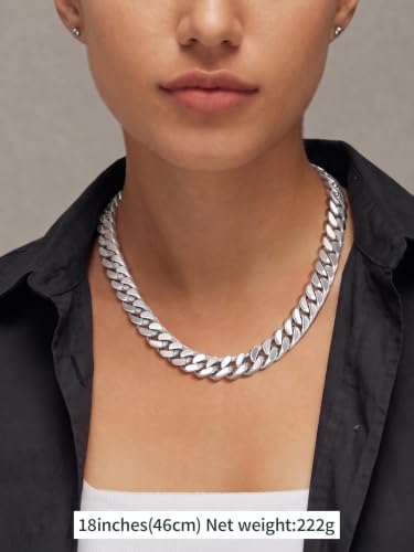 FindChic Cuban Link Chain Necklace for Women Men, Silver/Gold Plated Stainless Steel Solid Miami Curb Chain Hip Hop Punk Statement Jewelry, 5/12/14mm Width, 16/18/20 Inch Length, with Gift Box - color: 05. 14mm-Silver, size: 18inches