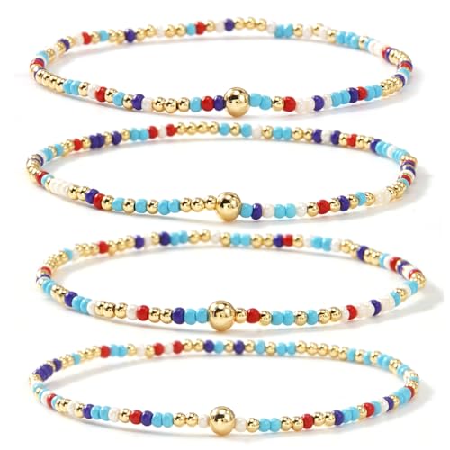 Seed Beaded Stack Bracelets Set for Women,Small Boho 4Pcs Colorful Handmade Dainty Trendy Gold Stretch Accessories Jewelry, Summer Daily Party Friendship Gift - color: Aqua Blue