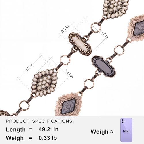 Montana West Rustic Couture's Turquoise Western Concho Chain Belt for Women | Large Western Cowgirl Metal Adjustable Boho Body Chain Belt for Dresses Jeans Country Concert - color: Alabaster Glow White