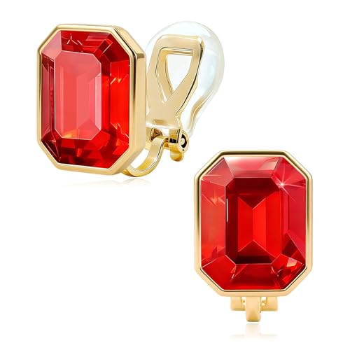 EVEVIC Octagon Austrian Crystal Non Pierced Clip On Earrings for Women | 14K Gold-Plated,Silicone Comfort Pad,Great for Unpierced Ears, Gift Box Included,Brighten Up Daily Outfits - color: Red
