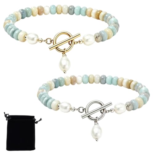 Elova Turquoise Bead Pearl Bracelet, Dainty Handmade Beaded Jewelry | Dainty, Colorful Stackable, Boho Summer Beach, Toggle Clasp, Gift for Women - color: 2pc#Silver+Gold