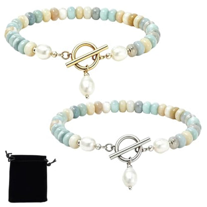 Elova Turquoise Bead Pearl Bracelet, Dainty Handmade Beaded Jewelry | Dainty, Colorful Stackable, Boho Summer Beach, Toggle Clasp, Gift for Women - color: 2pc#Silver+Gold