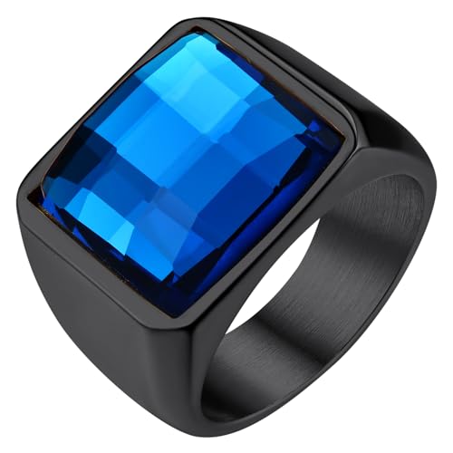 KeyStyle Square Gemstone Signet Rings for Men, Personalized Stainless Steel Pinky Ring with Black Onxy Blue Topaz Birthstone Statement Ring - color: Black - Blue Topaz - 15mm
