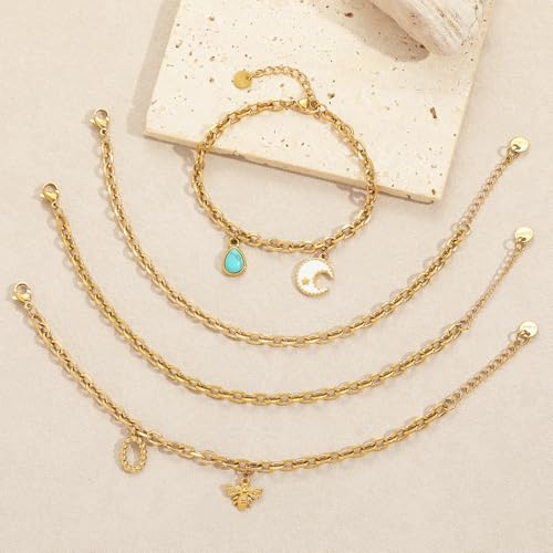 10 PCS Bracelets for Women Stainless Steel Chain Link Bracelet Set | 6.7 Inches with Extender, Jewelry Gifts for DIY, Chains Bulk, Oval, Curb, Figaro Chains, 18K Gold Plated, Silver, Chunky - color: Curb Gold