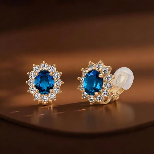 EVEVIC Oval Austrian Crystal Halo Clip On Earrings for Women | Oval Austrian Crystal with Zircon Halo,14K Gold-Plated,Silicone Comfort Pad,Gift Box Included,For Daily and Evening Events - color: Dark Blue