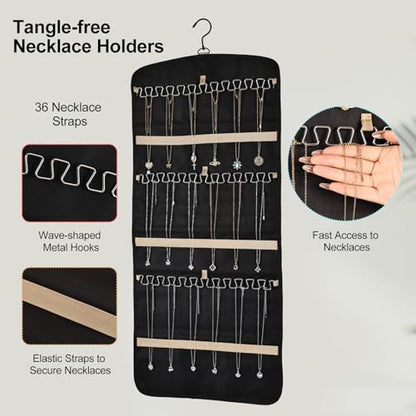 Hanging Jewelry Organizer Storage Roll with 39 Clear Pockets Double-Sided Foldable, Necklace Organizer Tangle Free, Travel Jewelry Holder for Earrings, Rings, Bracelets, Hanging on Closet, Wall, Door - size: Large