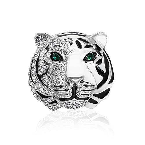 Rhinestone Tiger Head Brooch Pins.Gold Silver Animal Lapel Pin,Charm Lion Coat Collar Brooch for Men Suit Pin - color: Silver