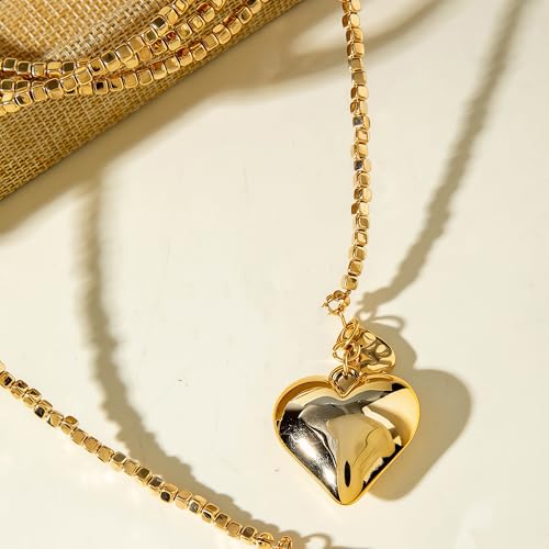 Chunky Puffy Heart Layered Gold Choker & Green Beaded Lariat Necklace with Baroque Pearl Drops, Adjustable Wrap Y Style Bohemian Jewelry Fashion Accessory for Women Gifts - color: gold