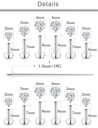 18G 16G 14G Lip Labret Medusa Nose Rings Studs Flat Back Earrings Internally Threaded 316L Surgical Steel Cartilage Tragus Helix Conch Earrings Piercing Jewelry for Women Men 6mm 8mm 10mm - color: 18G - Silver Tone-6/7/8mm Bar