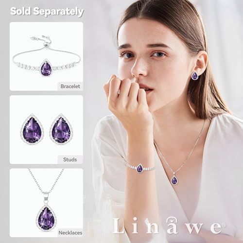 Linawe Crystal Chain Necklace for Women Trendy, Imitation Diamond Pendant, Statement Cubic Zirconia Boho Jewelry Set, 14K Gold/Rose Gold/Silver Birthstone Necklace - color: Silver,Feb