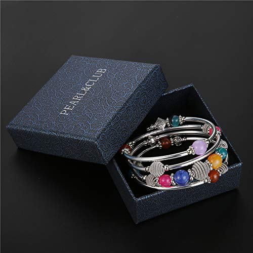PEARL&CLUB Beaded Chakra Bangle Turquoise Bracelet - Fashion Jewelry Wrap Bracelet with Thick Silver Metal and Mala Beads, Birthday Gifts For Women - color: Colorful