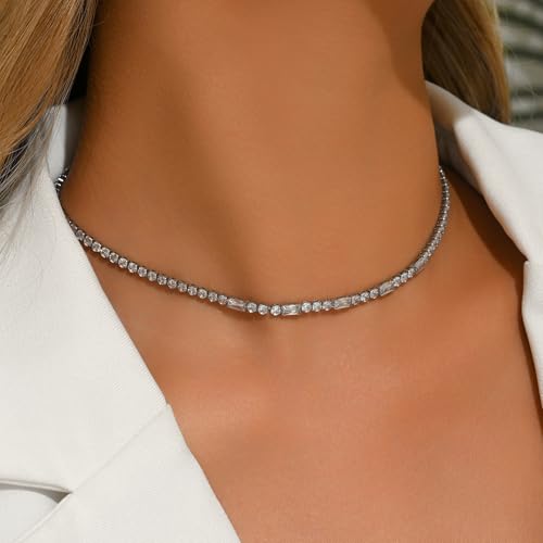 Tennis Necklaces for Women 18K Gold Plated White Red Green Blue Cubic Zirconia Necklaces Dainty Rhinestone Choker Necklaces Trendy Faux Diamond Tennis Chain 3mm - color: White Tennis Choker -White Gold