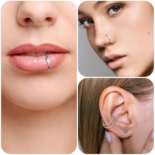 Lusofie 6Pcs Fake Snake Bites Stainless Steel - Clip On Fake Lip Piercing for Halloween Jewelry - Lip Ring Cuffs for Women Men