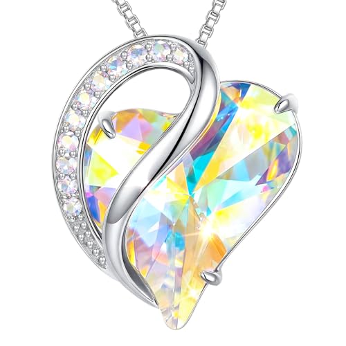 Crystal Heart Necklace for Women - Quietrose Faceted Crystal Heart Pendant with Sparkle Accents, Silver-Tone Curved Frame, 0.85" x 0.73", 18+2" Adjustable Chain, Elegant Gift for Her - color: Iridescent - Starlit Aurora