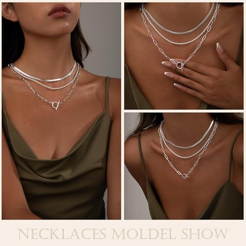 Layered Toggle Necklace for Women, 3-Chain Stack | Gold/Silver-plated necklace set with paperclip, rope, and herringbone chains plus a toggle clasp for daily wear and parties - color: Silver
