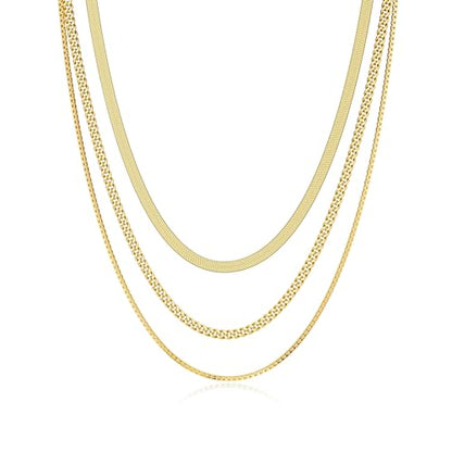 Tewiky Layered Necklaces for Women 14k Gold Plated Chain Necklace Set | Chunky Herringbone/Snake/Rope/Box/Cuban Link Chain for Women, Layering Stack Choker Necklace, Dainty Jewelry Set Non Tarnish - color: 3 Snake Cuban Box Gold