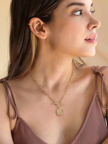18k Gold Plated Chain Link Necklace for Women, Baroque Pearl/Compass Pendant Necklace - color: Coin Cross