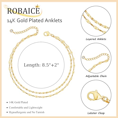 Robaice Ankle Bracelets for Women, 14K Gold Plated/Silver Layered Anklets | Waterproof Adjustable Anklet for Women, Summer Beach Anklet, Glitter Jewelry for Women Gifts - color: Gold-4