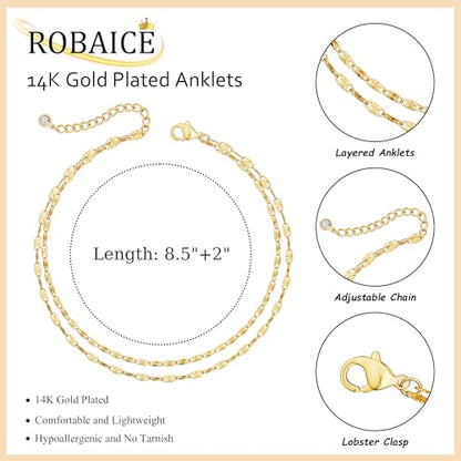 Robaice Ankle Bracelets for Women, 14K Gold Plated/Silver Layered Anklets | Waterproof Adjustable Anklet for Women, Summer Beach Anklet, Glitter Jewelry for Women Gifts - color: Gold-4