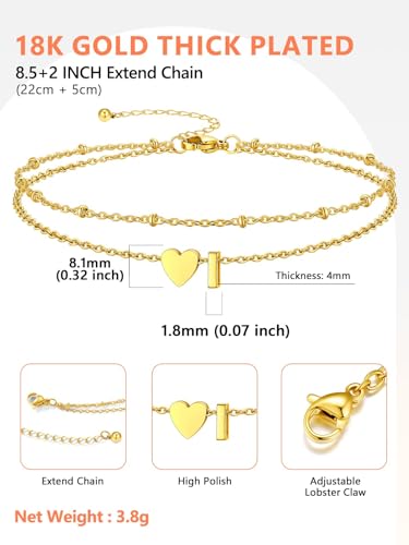 Ankle Bracelets for Women Waterproof 14K Gold/Silver/Black Initial Anklet for Women Dainty Layered Heart Ankle Bracelets Stainless Steel Adjustable Foot Chain Anklet Summer Beach Jewelry - color: I-Gold