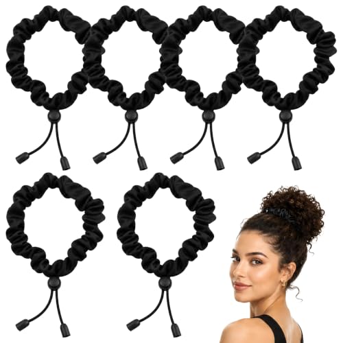 6Pcs Black Adjust Satin Hair Tie, Adjustable Black Hair Ties Satin Scrunchies Elastic Satins Headband for Women Girls Afro Puff Thick Curly Hairs Adjustable Loc Accessories for Blacks Women