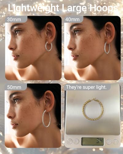 925 Sterling Silver Post Hoop Earrings Lightweight Twisted Hoop Earrings for Women Hypoallergenic Large Hoop Earrings 30/40/50MM - color: Silver, size: 30MM
