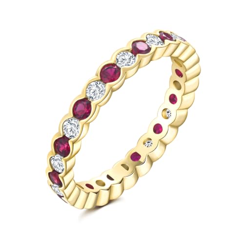 2.2mm Thin Stackable Full Eternity Rings for Women 14K Gold Plated | Cubic Zirconia/Emearld/Ruby/Sapphire Wedding Promise Band Ring for Her Valentines Anniversary Size 6-10 - color: A-CZ/Ruby