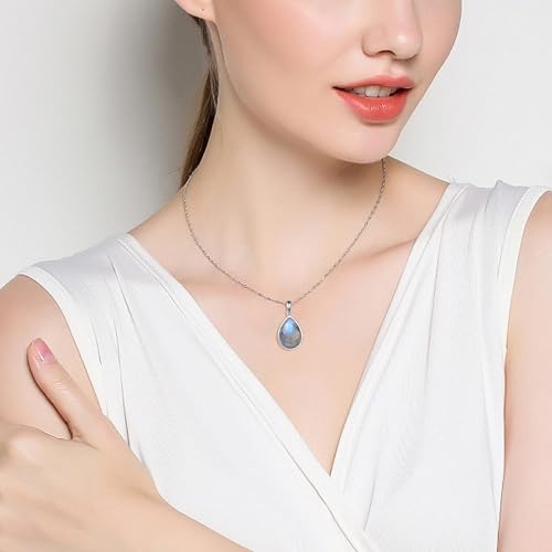 CRMAD Larimar/Opal/Lapis Lazuli/Tourmaline/Malachite/Labradorite/Turquoise/Onyx/Rose Quartz/Amber/Peridot Necklace for Women 925 Sterling Silver Teardrop Pendant Jewelry Gifts - color: Labradorite