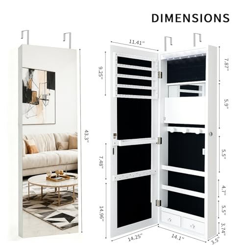 Lockable Jewelry Cabinet Organizer with Full Length Mirror, 6 Auto LED Lights, Wall & Over Door Mount Jewelry Armoire with Earring Slots, Necklace Hooks, Foldable Makeup Shelf - color: White