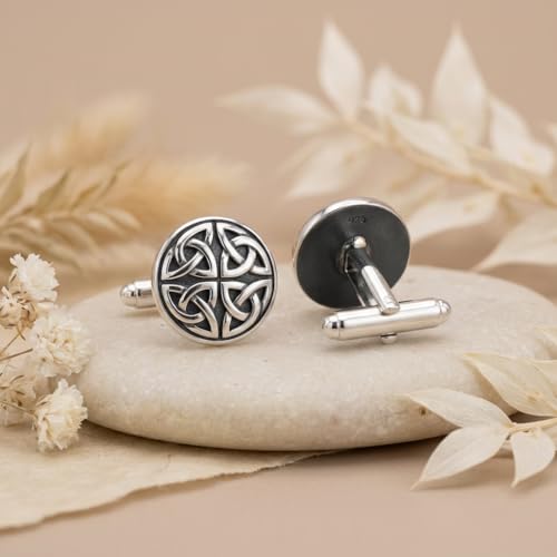 Alexander Castle Men's Cufflinks 925 Sterling Silver Oxidized Celtic - 15mm Round Celtic Trinity Cuff Links with Jewelry Gift Box