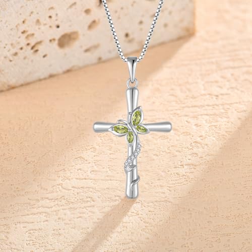 Cross Necklace for Women 925 Sterling Silver Butterfly Necklace Birthstone Pendant Created Gemstone Jewelry Gifts for Women - color: 08 August - Peridot