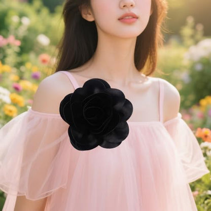 Large Rose Flower Brooches Chiffon Camellia Brooch Lapel Pins Hair Clips Hat Pins for Women Wedding Banquet Accessories Large Satin Flowers 5.5in - color: Black