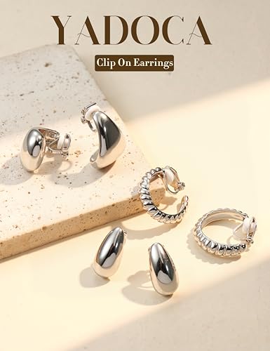 Gold Plated Clip On Earrings for Women Non Pierced Clip on Hoop Earrings | 9 Pairs 14K Gold Plated Waterdrop Chunky Hoop Earrings CZ Twist Statement Earring Set Hypoallergenic Fake Earring Jewelry - color: Silver