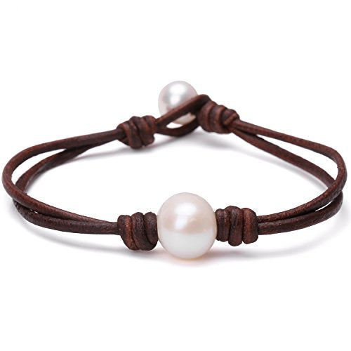Single Cultured Freshwater Pearl Bracelet Handmade Leather Pearl Jewelry for Women 7'' - style: 7'' Brown